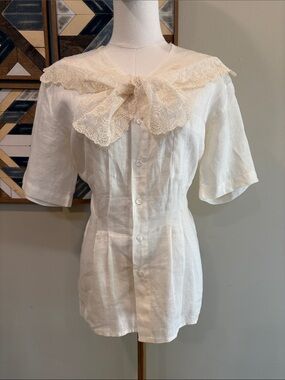 Vintage Ralph Lauren Blue Label Ivory Lace Scarf Pleated Linen Button Up Blouse